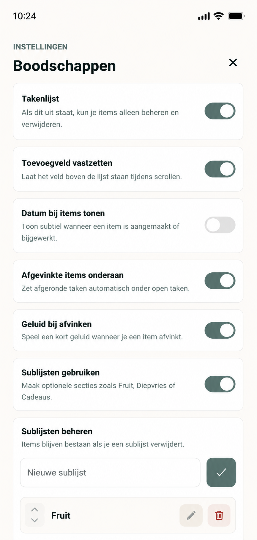 Instellingen van een lijst in Betsy