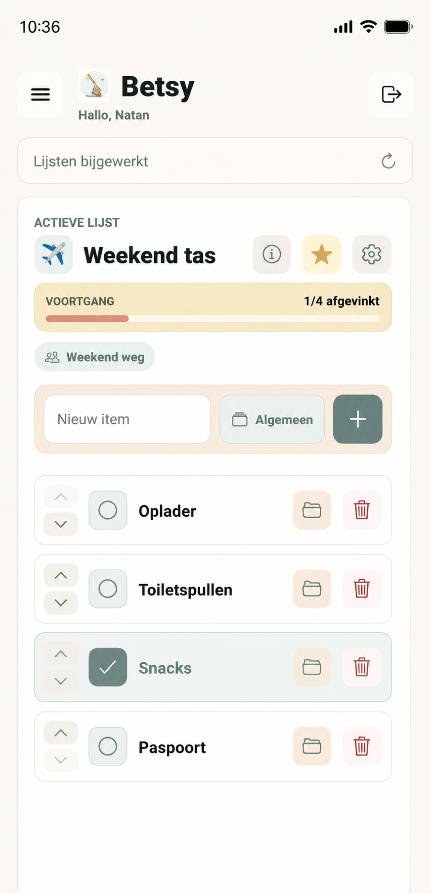 Boodschappenlijst met voortgang en sublijsten